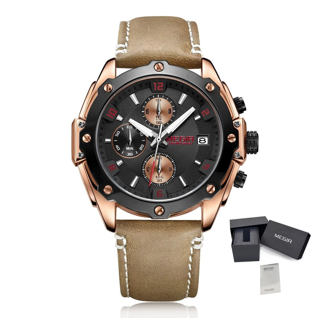 Montre pour homme MEGIR – Chronographe style affaires, bracelet en cuir