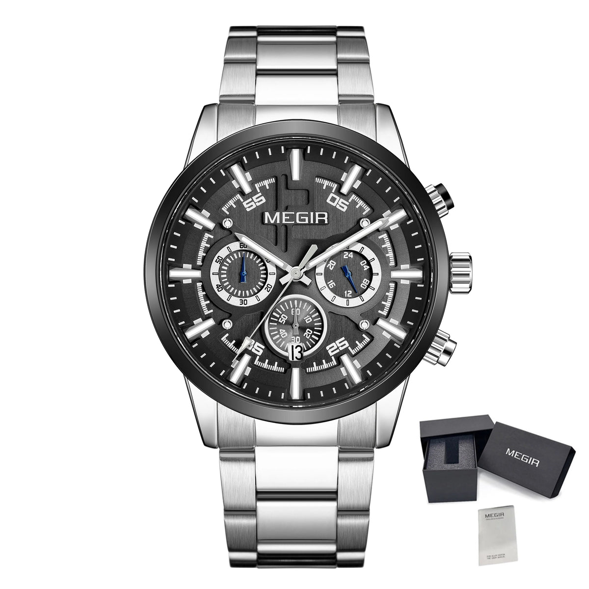 Montre pour homme MEGIR – Style affaires et décontracté, chronographe à quartz avec calendrier et boîtier en acier inoxydable (modèle 2220)