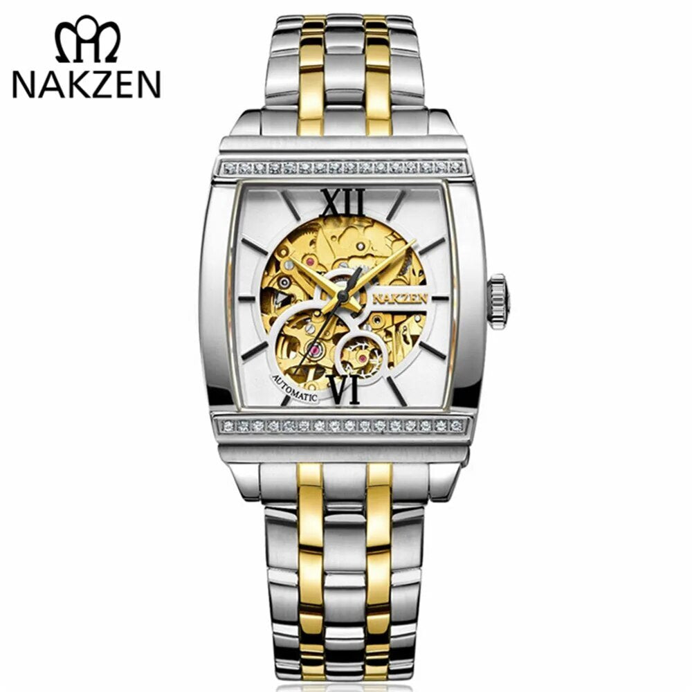 Montre mécanique automatique pour homme NAKZEN (modèle 6032) – Design rectangulaire unique, tourbillon et cadran squelette – Montre de luxe