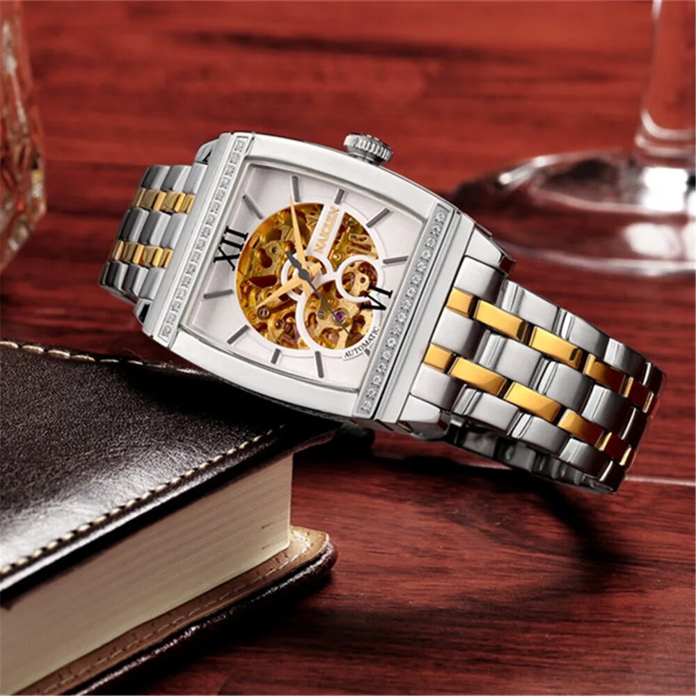 Montre mécanique automatique pour homme NAKZEN (modèle 6032) – Design rectangulaire unique, tourbillon et cadran squelette – Montre de luxe