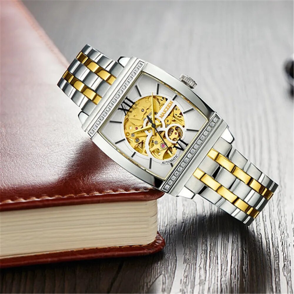 Montre mécanique automatique pour homme NAKZEN (modèle 6032) – Design rectangulaire unique, tourbillon et cadran squelette – Montre de luxe