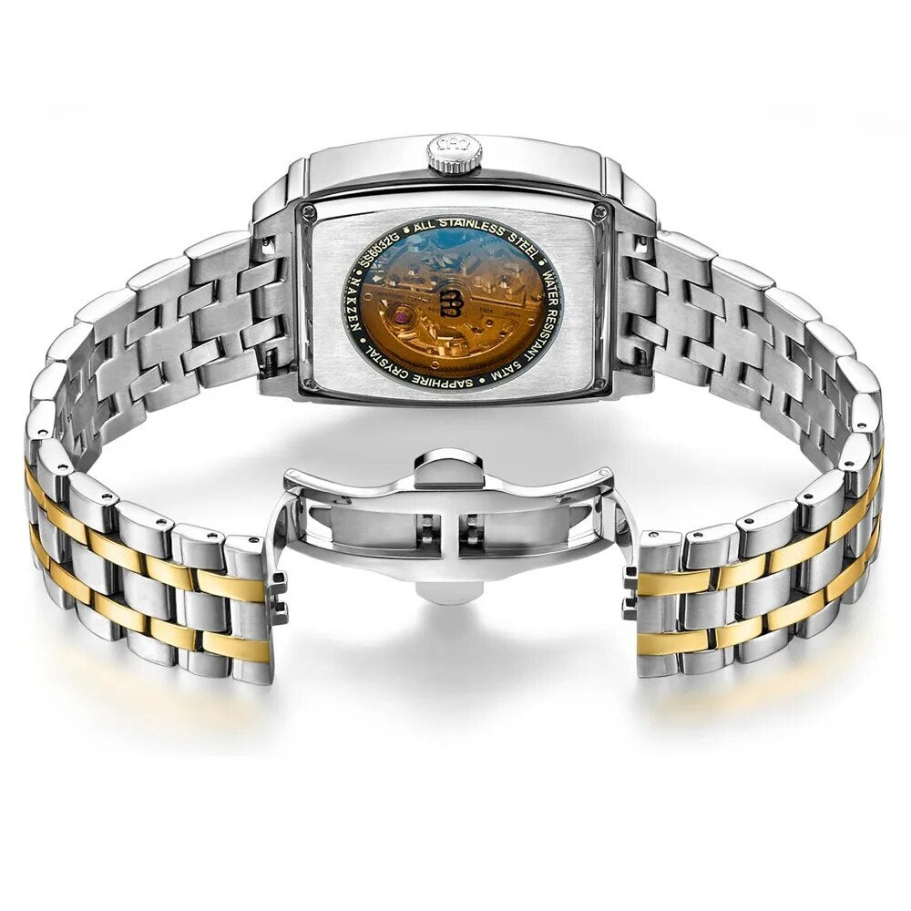Montre mécanique automatique pour homme NAKZEN (modèle 6032) – Design rectangulaire unique, tourbillon et cadran squelette – Montre de luxe
