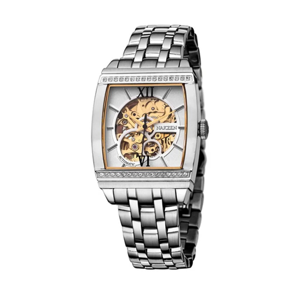 Montre mécanique automatique pour homme NAKZEN (modèle 6032) – Design rectangulaire unique, tourbillon et cadran squelette – Montre de luxe