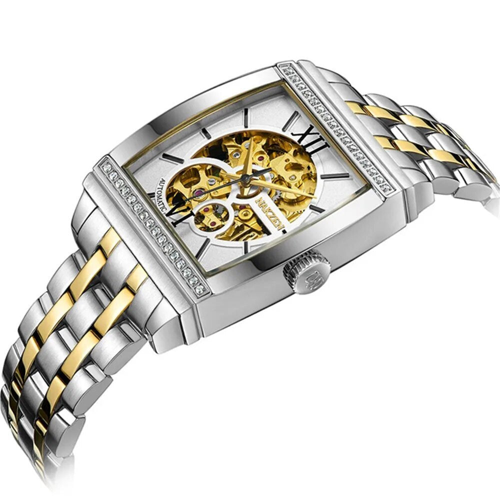 Montre mécanique automatique pour homme NAKZEN (modèle 6032) – Design rectangulaire unique, tourbillon et cadran squelette – Montre de luxe