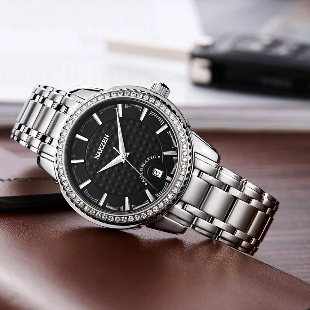 Montre mécanique pour homme NAKZEN – Mouvement automatique Miyota 8215, détails en diamant, verre saphir, étanche (modèle 6020)