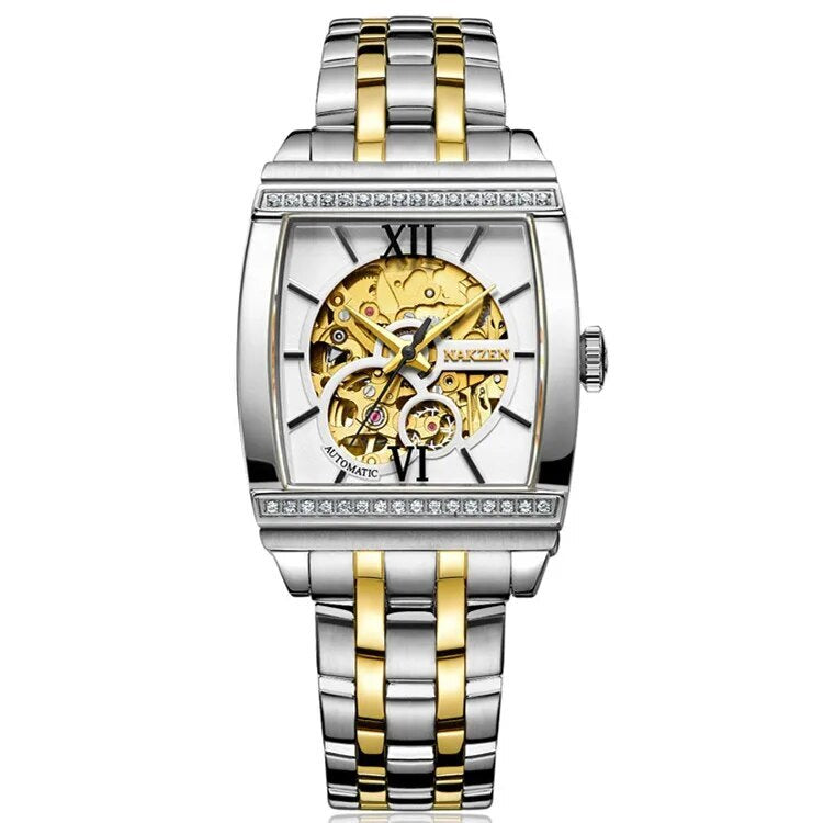 Montre mécanique automatique pour homme NAKZEN (modèle 6032) – Design rectangulaire unique, tourbillon et cadran squelette – Montre de luxe