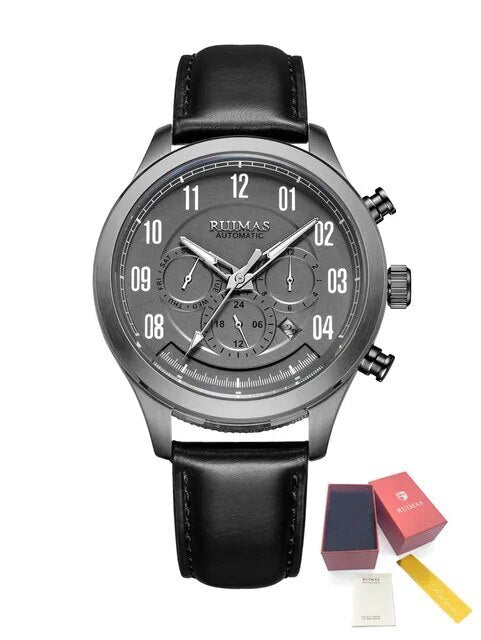 Montre RUIMAS pour homme – Style sport-chic de luxe, mouvement mécanique automatique, bracelet en cuir, aiguilles luminescentes, chronographe (modèle 6785)