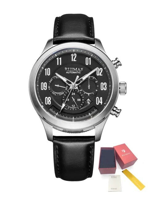 Montre RUIMAS pour homme – Style sport-chic de luxe, mouvement mécanique automatique, bracelet en cuir, aiguilles luminescentes, chronographe (modèle 6785)