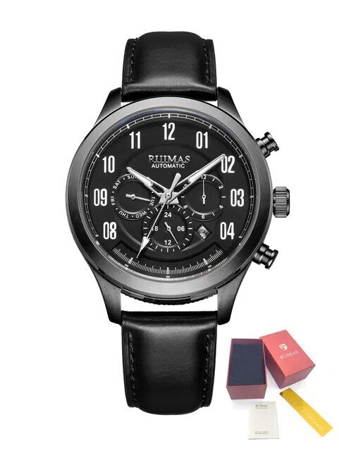 Montre RUIMAS pour homme – Style sport-chic de luxe, mouvement mécanique automatique, bracelet en cuir, aiguilles luminescentes, chronographe (modèle 6785)