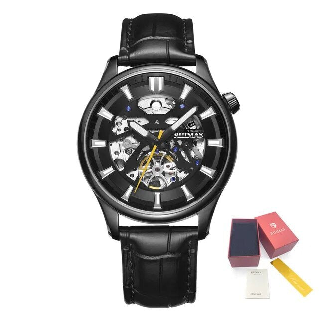 Montre-bracelet mécanique pour homme RUIMAS – Style décontracté et tendance, bracelet en cuir, modèle sport de luxe avec chronographe et fonctions lumineuses