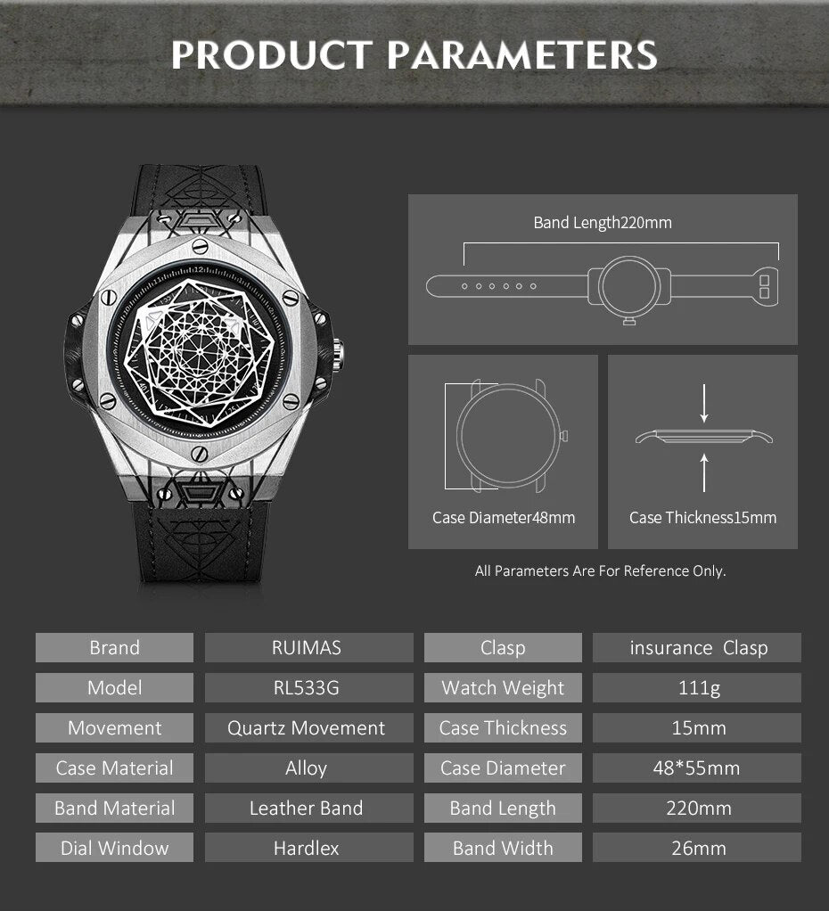 Montre pour homme RUIMAS – Style sport et mode, mouvement à quartz, bracelet en cuir, étanche, modèle décontracté 533