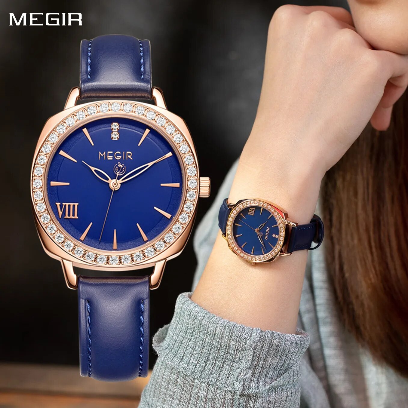 Montre pour femme MEGIR – Style élégant, cuir et diamants, mouvement à quartz (modèle 7029)