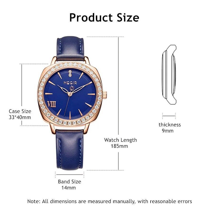 Montre pour femme MEGIR – Style élégant, cuir et diamants, mouvement à quartz (modèle 7029)