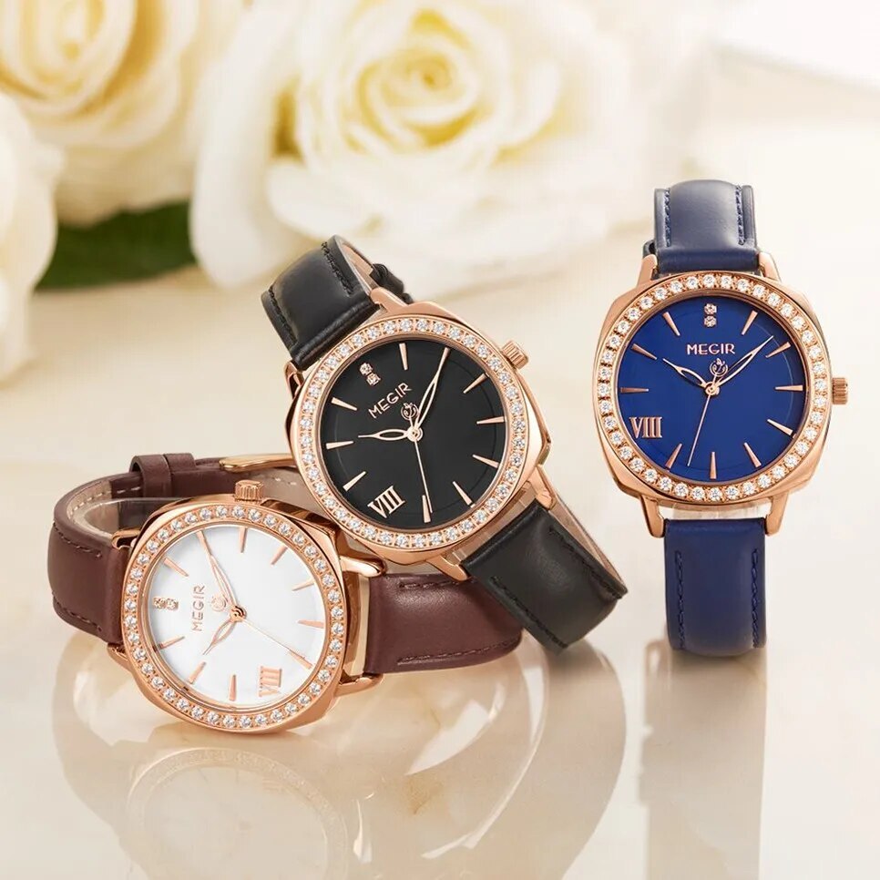 Montre pour femme MEGIR – Style élégant, cuir et diamants, mouvement à quartz (modèle 7029)