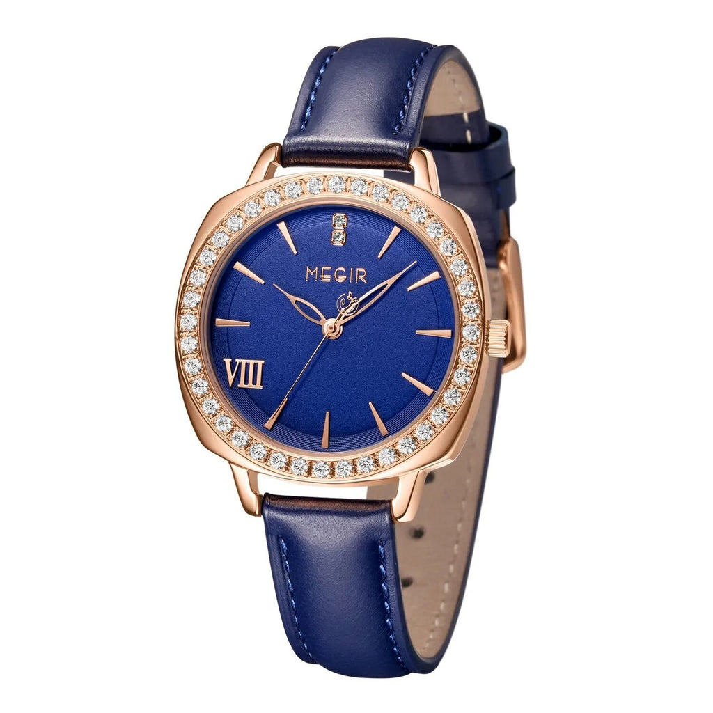 Montre pour femme MEGIR – Style élégant, cuir et diamants, mouvement à quartz (modèle 7029)