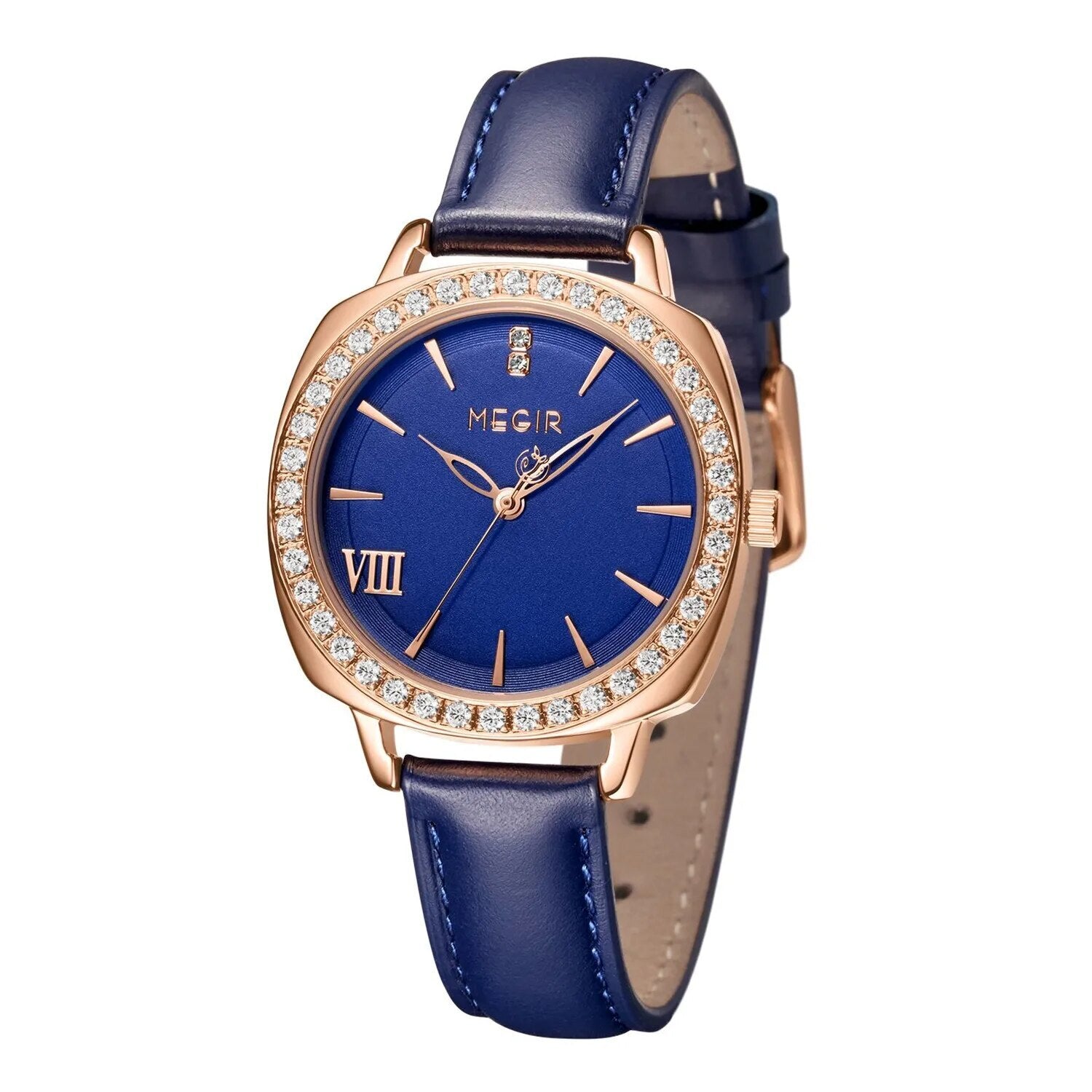 Montre pour femme MEGIR – Style élégant, cuir et diamants, mouvement à quartz (modèle 7029)
