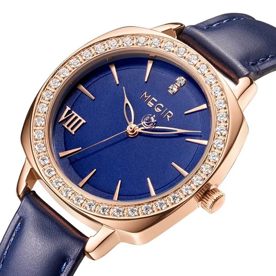 Montre pour femme MEGIR – Style élégant, cuir et diamants, mouvement à quartz (modèle 7029)