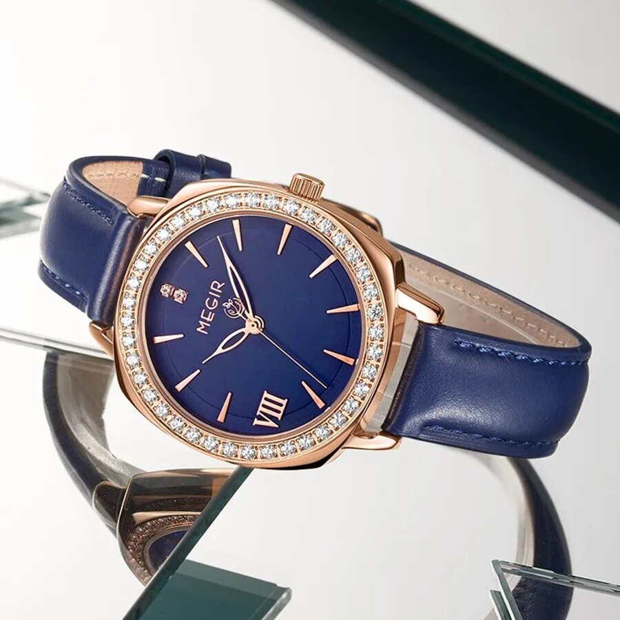 Montre pour femme MEGIR – Style élégant, cuir et diamants, mouvement à quartz (modèle 7029)