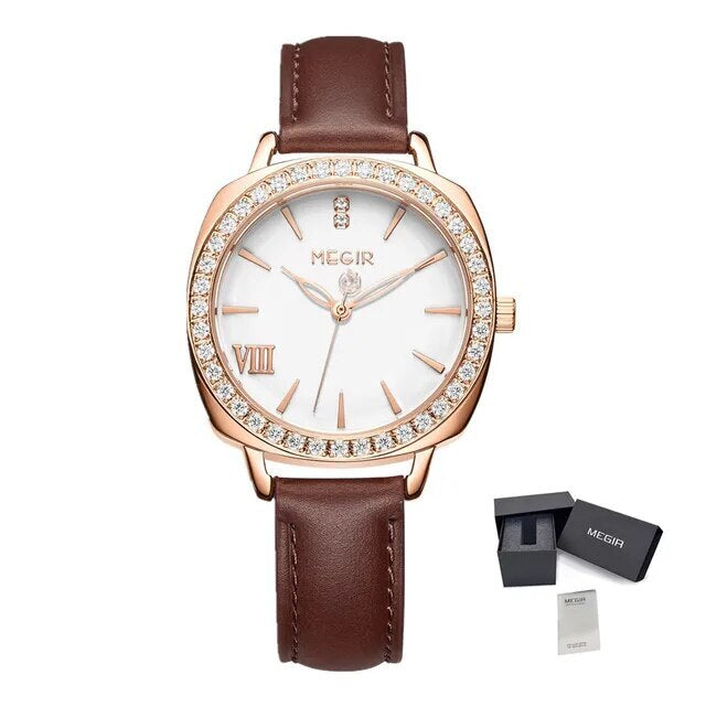 Montre pour femme MEGIR – Style élégant, cuir et diamants, mouvement à quartz (modèle 7029)