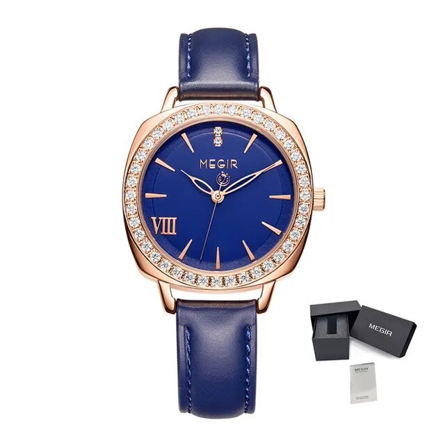 Montre pour femme MEGIR – Style élégant, cuir et diamants, mouvement à quartz (modèle 7029)