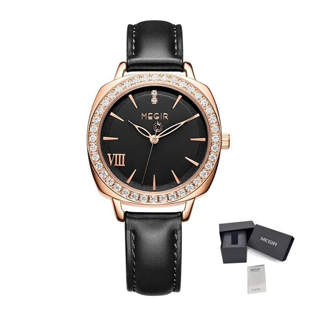 Montre pour femme MEGIR – Style élégant, cuir et diamants, mouvement à quartz (modèle 7029)