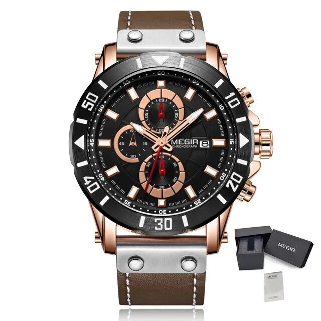 Montre MEGIR pour homme – Style militaire et sportif, étanche, bracelet en cuir, mouvement à quartz, chronographe, calendrier et aiguilles luminescentes (modèle 2081)
