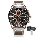 Montre MEGIR pour homme – Style militaire et sportif, étanche, bracelet en cuir, mouvement à quartz, chronographe, calendrier et aiguilles luminescentes (modèle 2081)