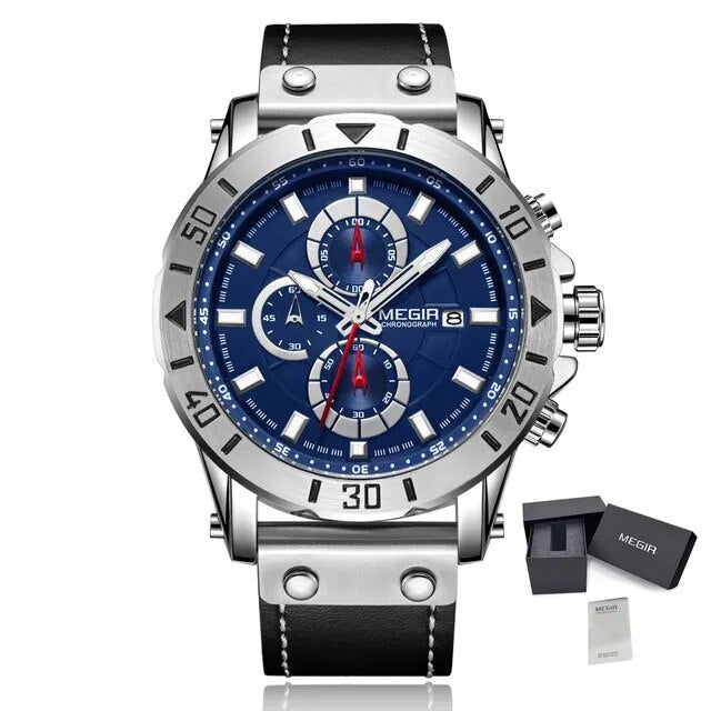 Montre MEGIR pour homme – Style militaire et sportif, étanche, bracelet en cuir, mouvement à quartz, chronographe, calendrier et aiguilles luminescentes (modèle 2081)