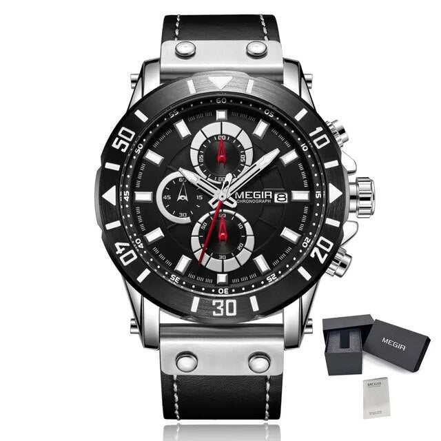 Montre MEGIR pour homme – Style militaire et sportif, étanche, bracelet en cuir, mouvement à quartz, chronographe, calendrier et aiguilles luminescentes (modèle 2081)