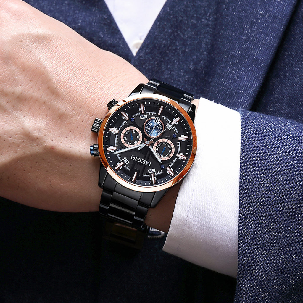 Montre pour homme MEGIR – Style affaires et décontracté, chronographe à quartz avec calendrier et boîtier en acier inoxydable (modèle 2220)