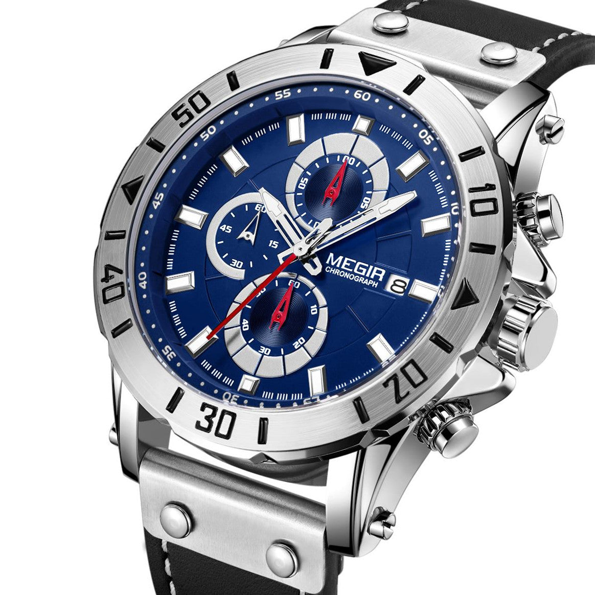 Montre MEGIR pour homme – Style militaire et sportif, étanche, bracelet en cuir, mouvement à quartz, chronographe, calendrier et aiguilles luminescentes (modèle 2081)