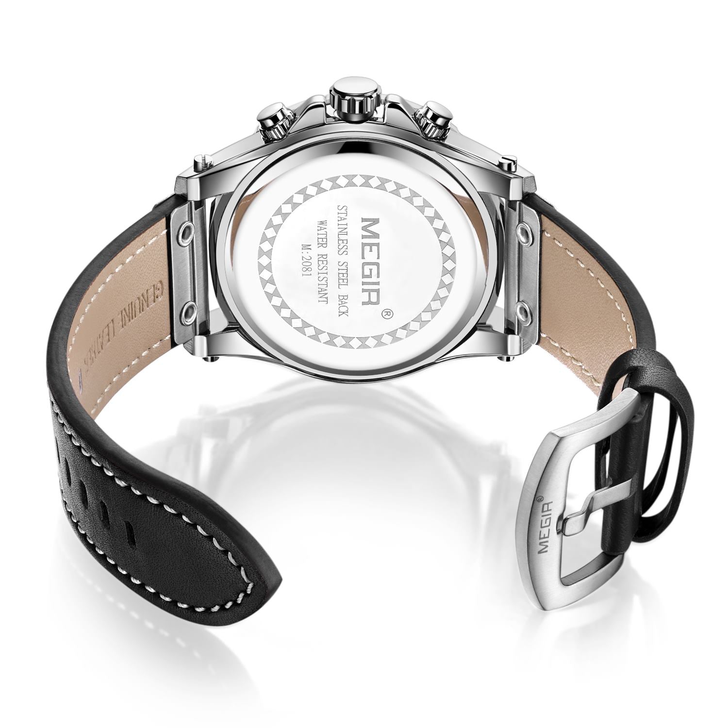 Montre MEGIR pour homme – Style militaire et sportif, étanche, bracelet en cuir, mouvement à quartz, chronographe, calendrier et aiguilles luminescentes (modèle 2081)