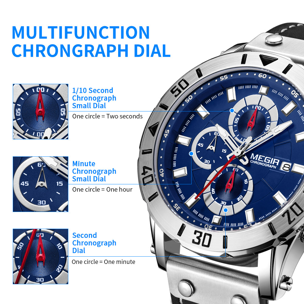 Montre MEGIR pour homme – Style militaire et sportif, étanche, bracelet en cuir, mouvement à quartz, chronographe, calendrier et aiguilles luminescentes (modèle 2081)