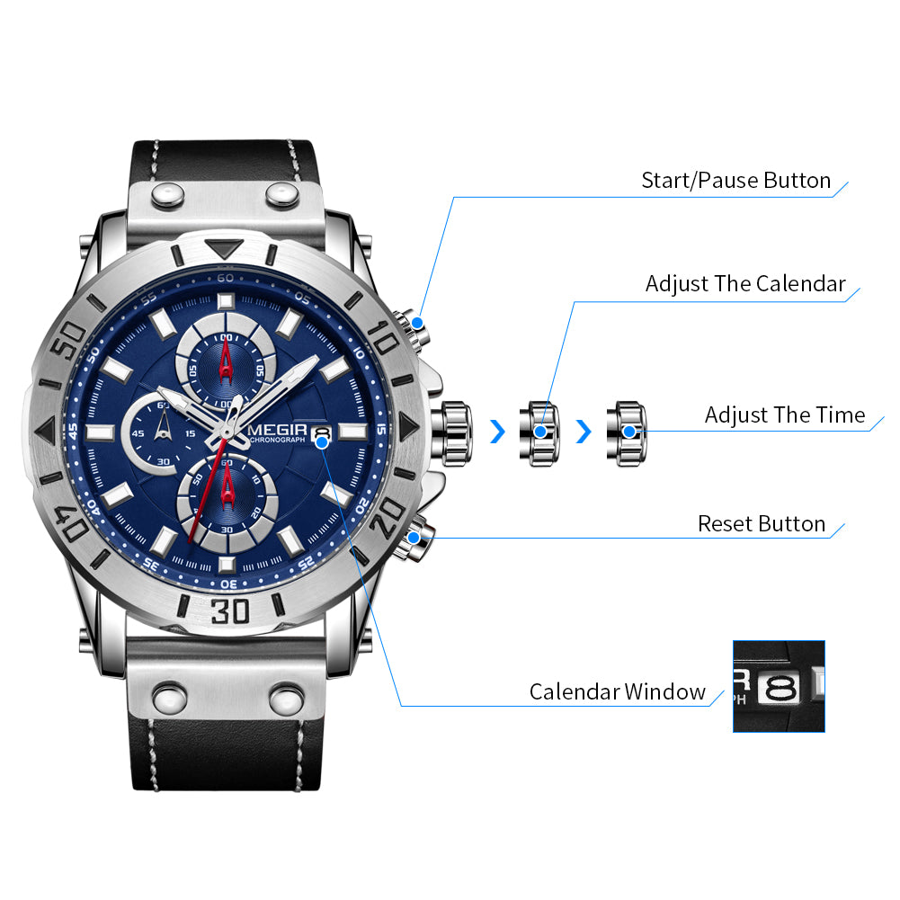 Montre MEGIR pour homme – Style militaire et sportif, étanche, bracelet en cuir, mouvement à quartz, chronographe, calendrier et aiguilles luminescentes (modèle 2081)