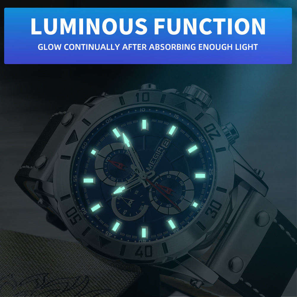 Montre MEGIR pour homme – Style militaire et sportif, étanche, bracelet en cuir, mouvement à quartz, chronographe, calendrier et aiguilles luminescentes (modèle 2081)
