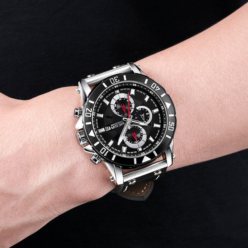 Montre MEGIR pour homme – Style militaire et sportif, étanche, bracelet en cuir, mouvement à quartz, chronographe, calendrier et aiguilles luminescentes (modèle 2081)