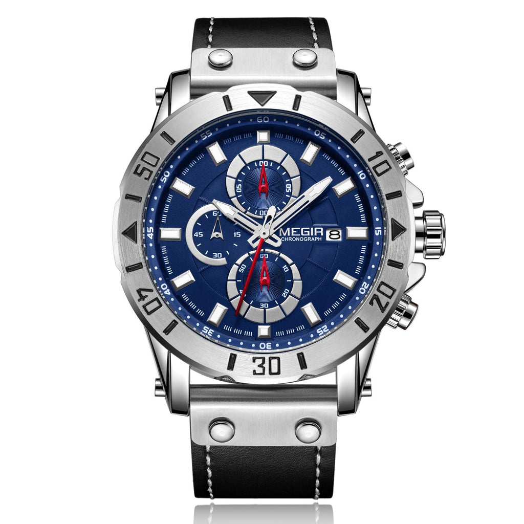 Montre MEGIR pour homme – Style militaire et sportif, étanche, bracelet en cuir, mouvement à quartz, chronographe, calendrier et aiguilles luminescentes (modèle 2081)