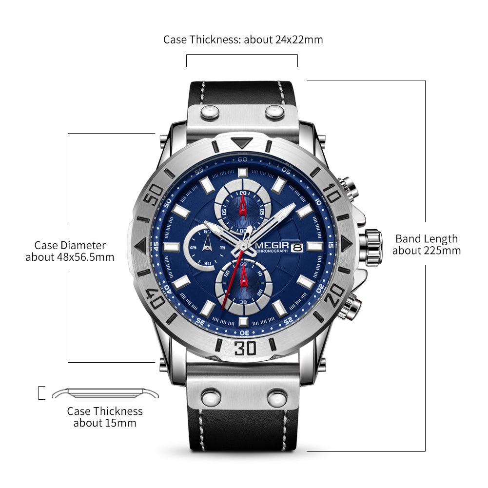 Montre MEGIR pour homme – Style militaire et sportif, étanche, bracelet en cuir, mouvement à quartz, chronographe, calendrier et aiguilles luminescentes (modèle 2081)