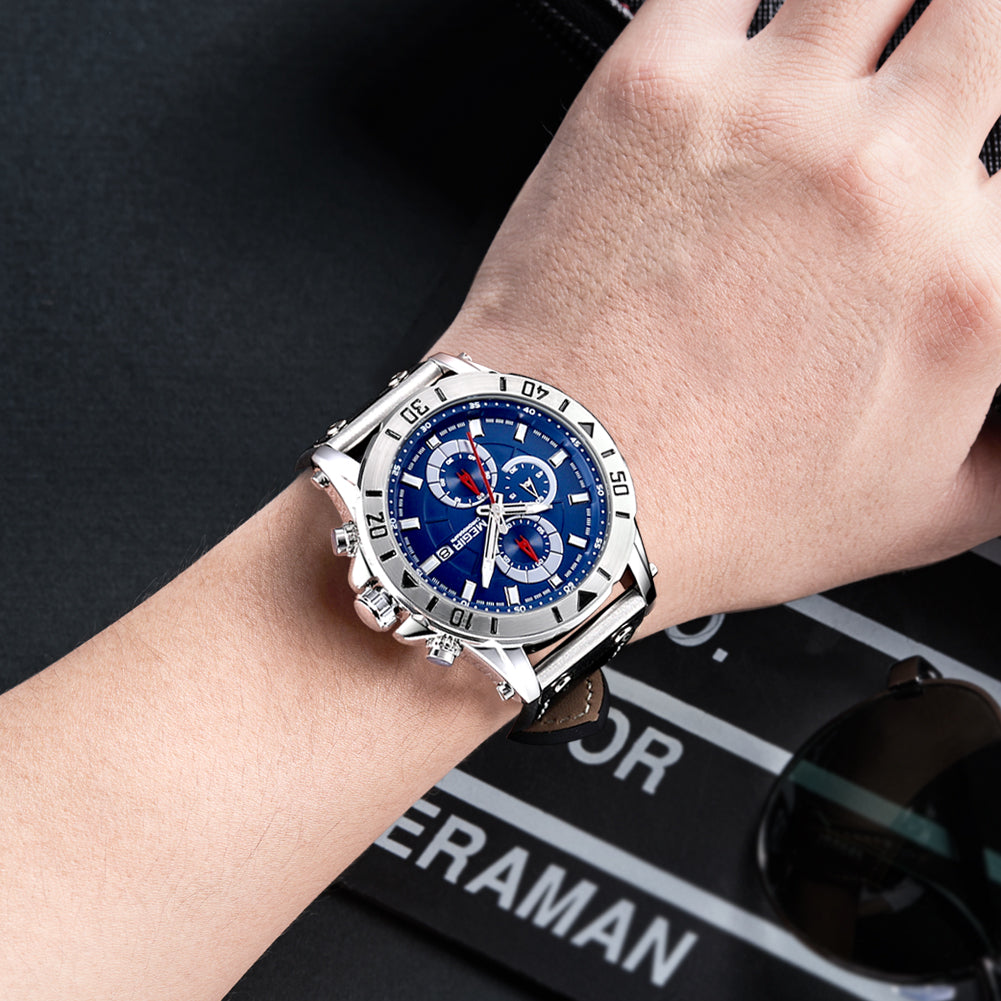 Montre MEGIR pour homme – Style militaire et sportif, étanche, bracelet en cuir, mouvement à quartz, chronographe, calendrier et aiguilles luminescentes (modèle 2081)