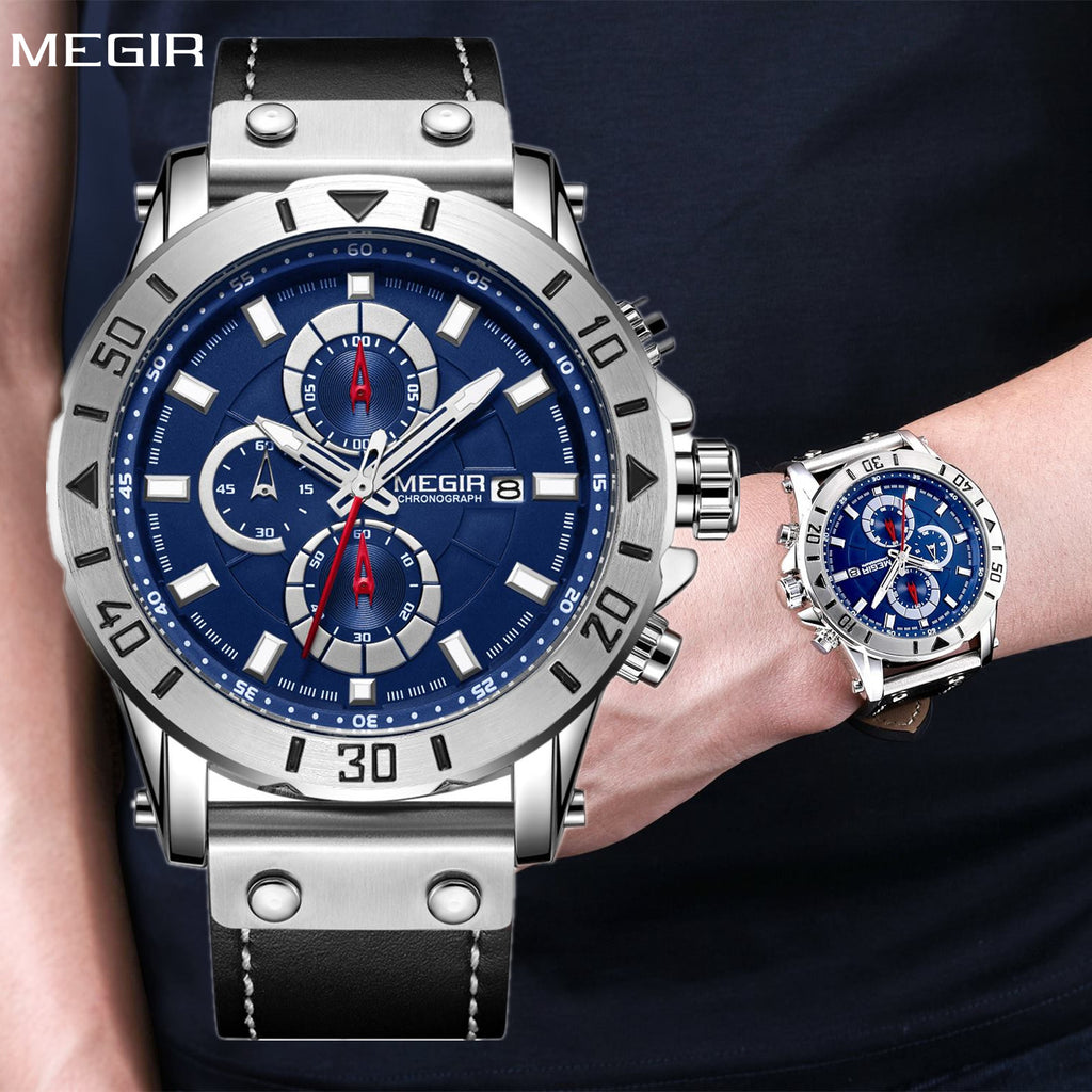 Montre MEGIR pour homme – Style militaire et sportif, étanche, bracelet en cuir, mouvement à quartz, chronographe, calendrier et aiguilles luminescentes (modèle 2081)