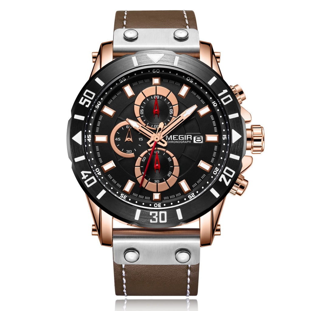 Montre MEGIR pour homme – Style militaire et sportif, étanche, bracelet en cuir, mouvement à quartz, chronographe, calendrier et aiguilles luminescentes (modèle 2081)