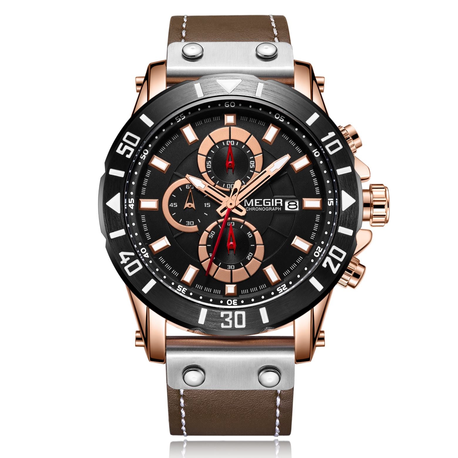 Montre MEGIR pour homme – Style militaire et sportif, étanche, bracelet en cuir, mouvement à quartz, chronographe, calendrier et aiguilles luminescentes (modèle 2081)