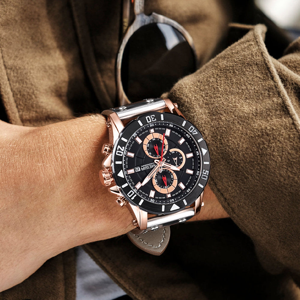 Montre MEGIR pour homme – Style militaire et sportif, étanche, bracelet en cuir, mouvement à quartz, chronographe, calendrier et aiguilles luminescentes (modèle 2081)