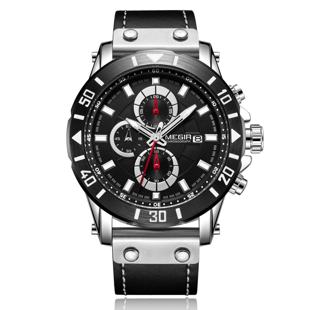 Montre MEGIR pour homme – Style militaire et sportif, étanche, bracelet en cuir, mouvement à quartz, chronographe, calendrier et aiguilles luminescentes (modèle 2081)