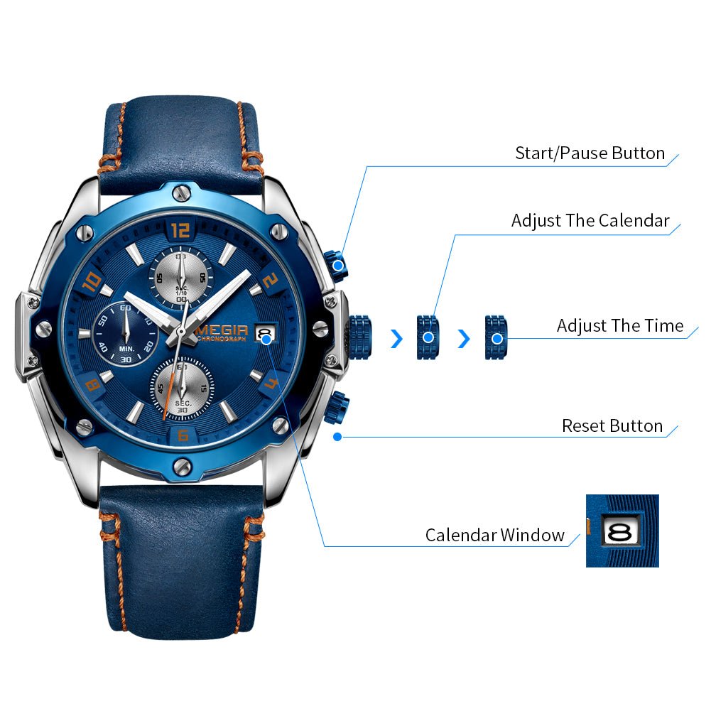 Montre pour homme MEGIR – Chronographe style affaires, bracelet en cuir