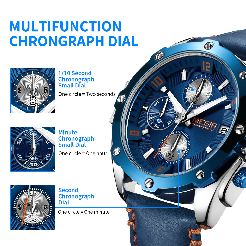 Montre pour homme MEGIR – Chronographe style affaires, bracelet en cuir