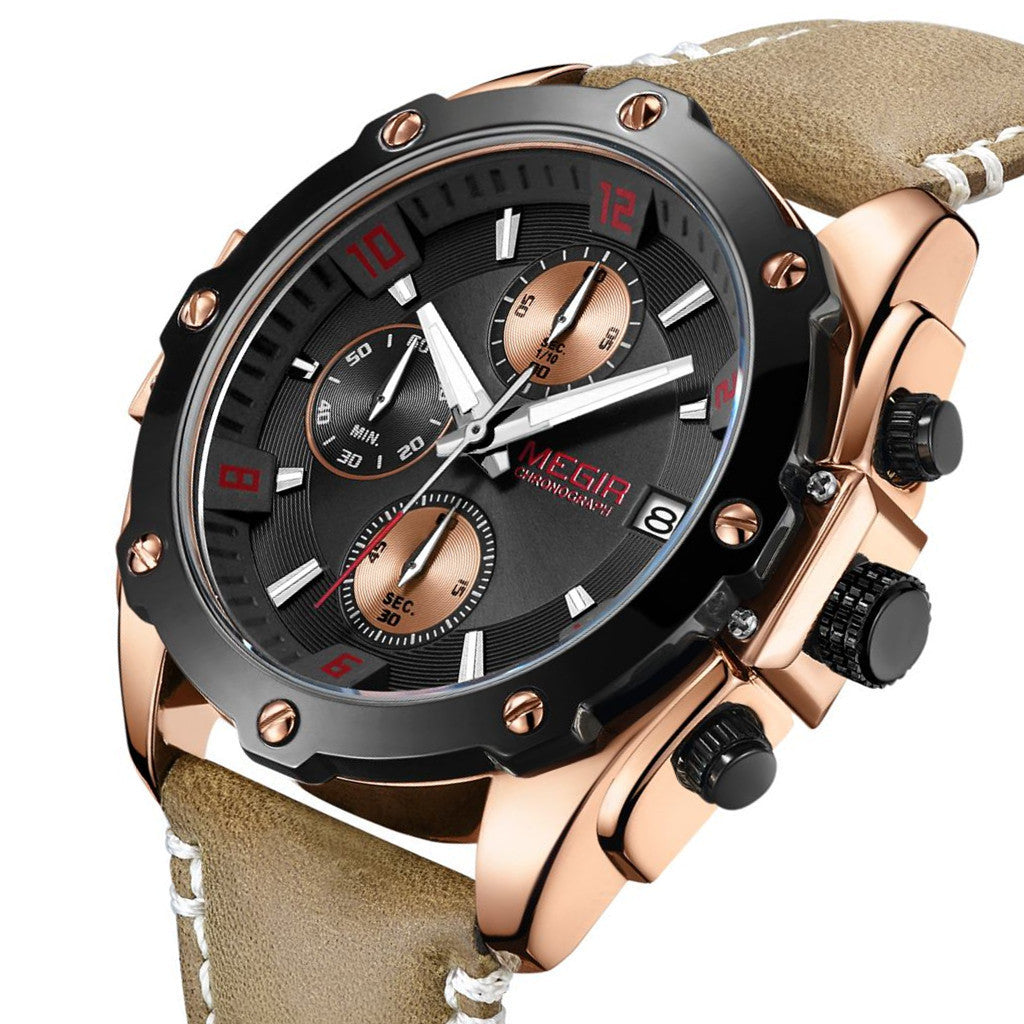 Montre pour homme MEGIR – Chronographe style affaires, bracelet en cuir