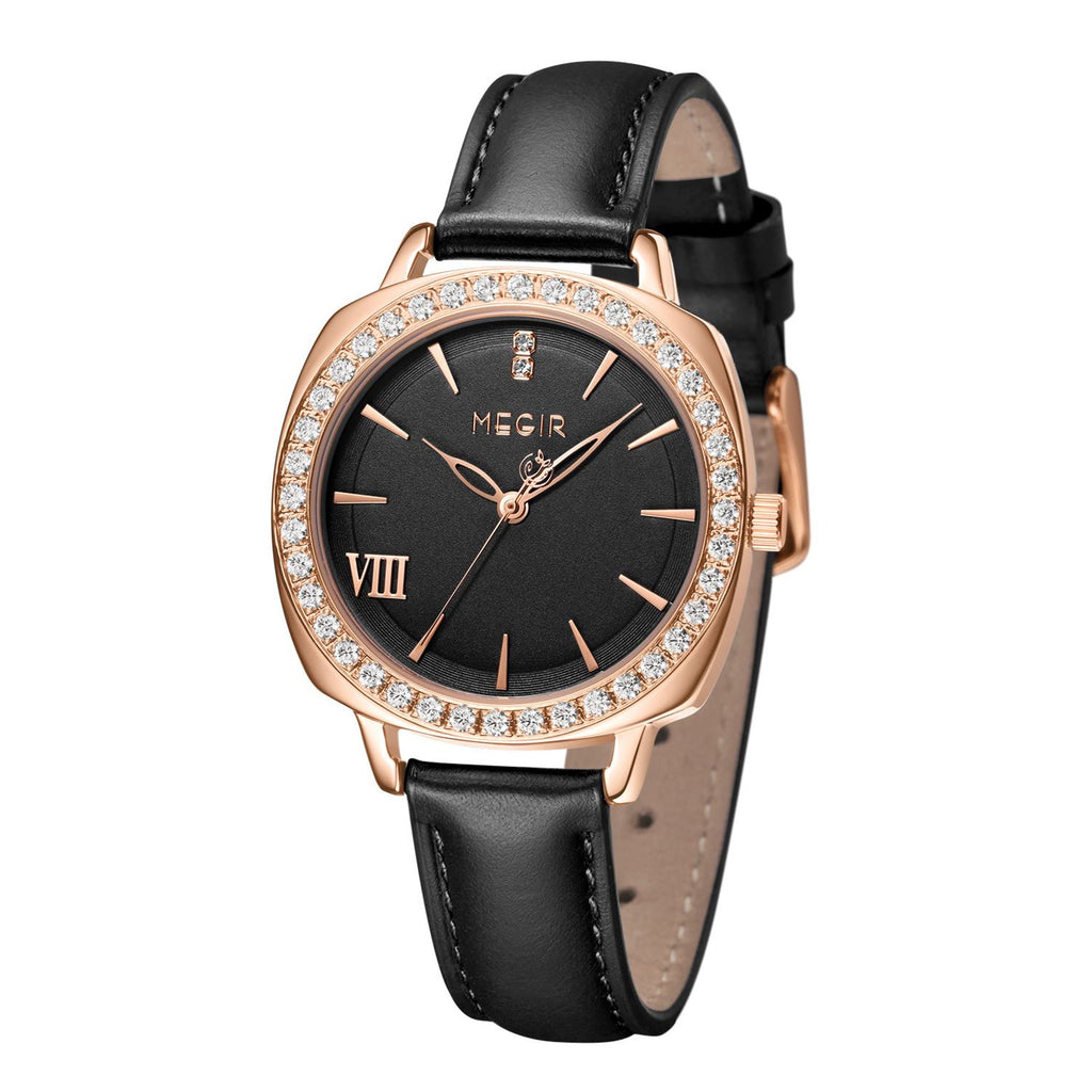 Montre pour femme MEGIR – Style élégant, cuir et diamants, mouvement à quartz (modèle 7029)