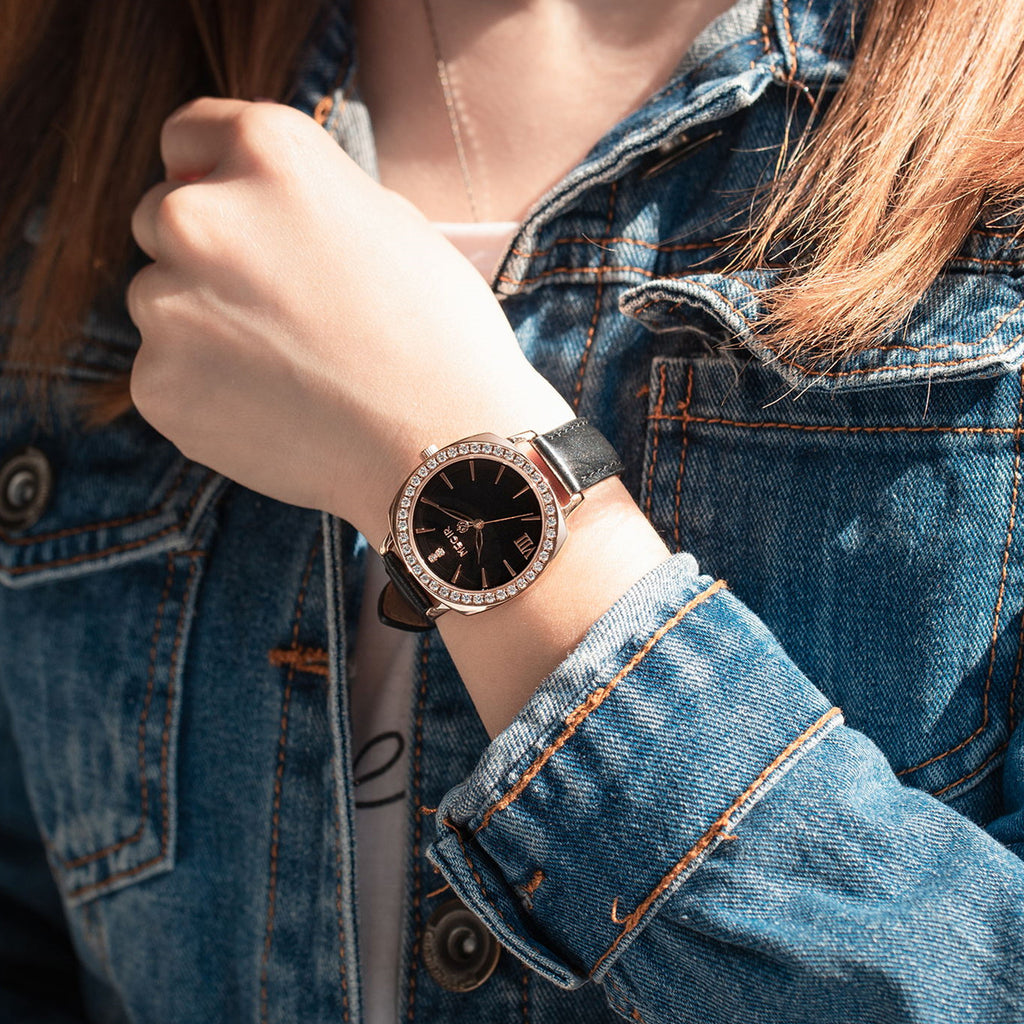 Montre pour femme MEGIR – Style élégant, cuir et diamants, mouvement à quartz (modèle 7029)