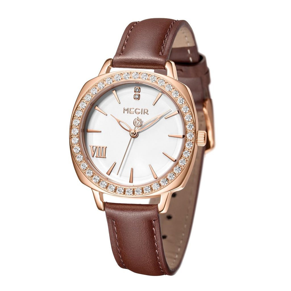Montre pour femme MEGIR – Style élégant, cuir et diamants, mouvement à quartz (modèle 7029)